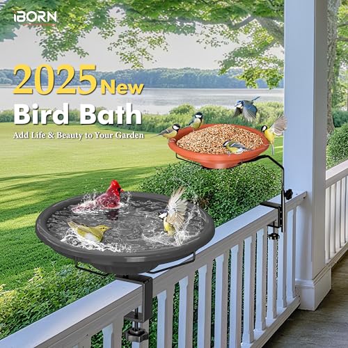 iBorn Bird Bath,Deck Mounted Bird Baths 12inch,Birdbath for Outside with Clamp 3.2inch,BPA-Free Bowl,Chew-Proof,Fully Detachable Design,Easy Clean & Refill,Gray,1 Pack（Not Include Fountain） - style: Deck Mounted Bird Bath Gray