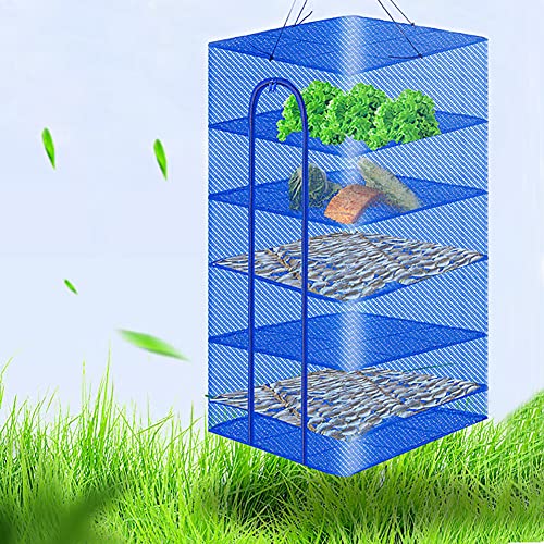 Hanging Drying Net Foldable Drying Rack Net Dryer 19.7"x19.7"x37.4" 6 Layer Folding Fish Mesh Collapsible Dry Net with Zippers for Drying Seeds Fish Vegetables Fruit Herb Food - color: Blue