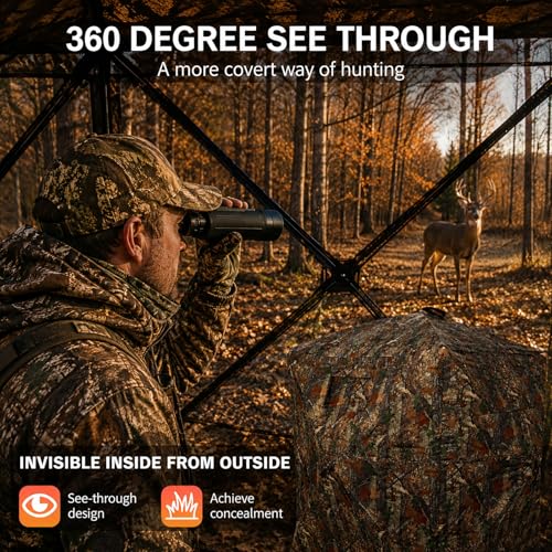 Hunting Blind See Through, Pop Up Ground Deer Blind, Large Door | 270/288/360 Degree See Thru, 1/2/3/4 Person Hunting Camouflage Tent, With/Without floor, Swing/Diamond/Horizontal Door Design - size: 2/3 Person/Double Door, style: 360°/Swing Door