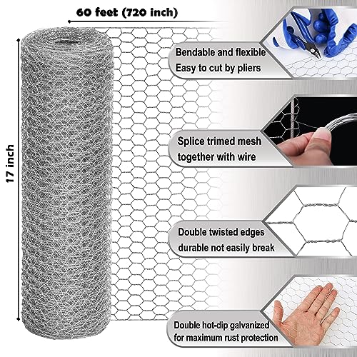 Chicken Wire Fencing Mesh, 17 Inch x 60 Feet Metal Floral Chicken Wire Fence for Crafts Poultry Garden, 0.6 Inch Hexagonal Galvanized Hardware Cloth Netting for Chicken Coop Barrier Rabbit Cage - size: 17in x 60ft