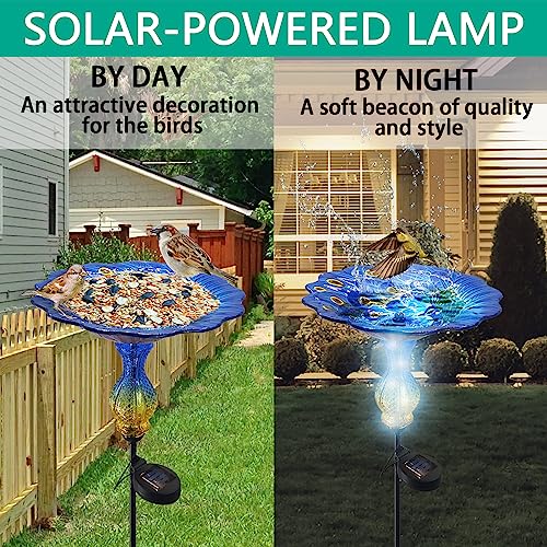 John's Studio Peacock Bird Bath for Outdoor - Glass Bowl Solar Light Bird Baths Cage Outside Dish Bird Feeder with Metal Stake for Garden, Yard and Patio - Blue 32 inches - color: Peacock Stake-Blue