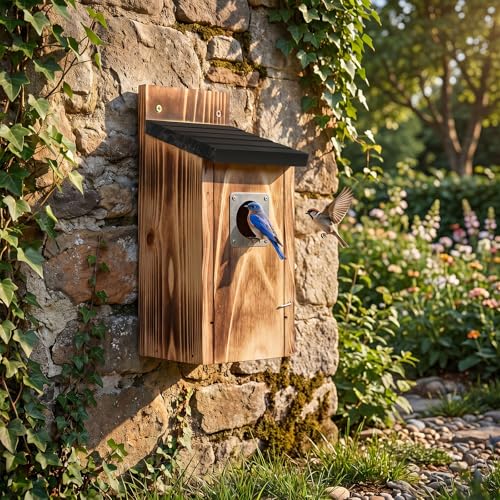 Dreyoo 2 Pack Bluebird Box Houses for Outside,1-1/2'' Entrance Hole Wooden Bird Houses with Metal Guard, Secure Latch,Fledgling Grooves,Air Vents for Bluebird Wren Swallow (Black Roof,Burnt Wood Body) - color: Black Roof,Burnt Wood Body