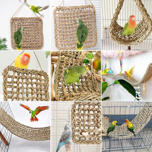 2Pcs Natural Sea Grass Parrot Mat - Foraging Chew Wall Toy with Climbing Rope & Hook, Hanging Play Pad for Lovebirds/Cockatoos/Budgerigars/Conures/Pigeons | 2 Sizes29.53x6.89 &7.48x7.48 Inches