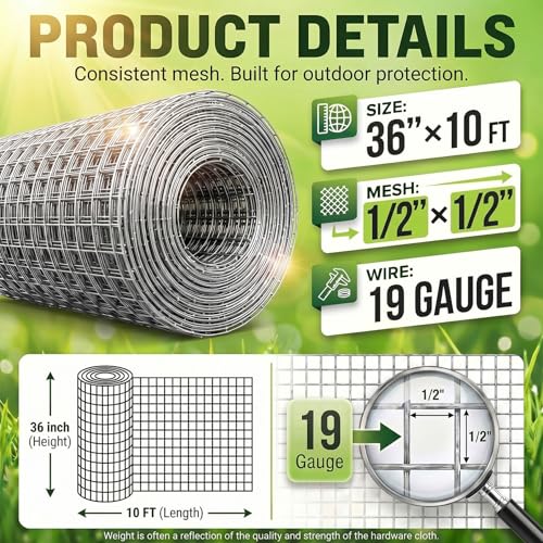 36'' x 10' Hardware Cloth 1/2 inch 19 Gauge - Hot-dip Galvanized After Welding, Chicken Coop Wire Fence Wire Mesh Screen, Rabbit/Snake Fences, Netting Wire Cloth Galvanized Wire Mesh Roll - size: 1/2 inch 36in x 10ft-Silver
