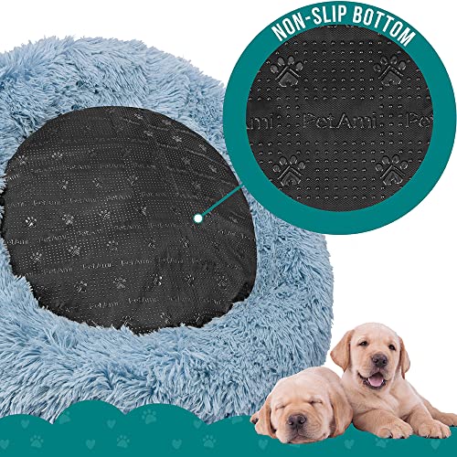 PetAmi Calming Donut Dog Bed, Washable Faux Fur, 23 Inch Small, Blue | Warm Shaggy Faux Fur and A Deep Nest Help Anxious Pets Curl Up and Sleep Soundly. Perfect for Puppies, Cats, and Rescues. - color: Dusty Blue, size: Small - 23"