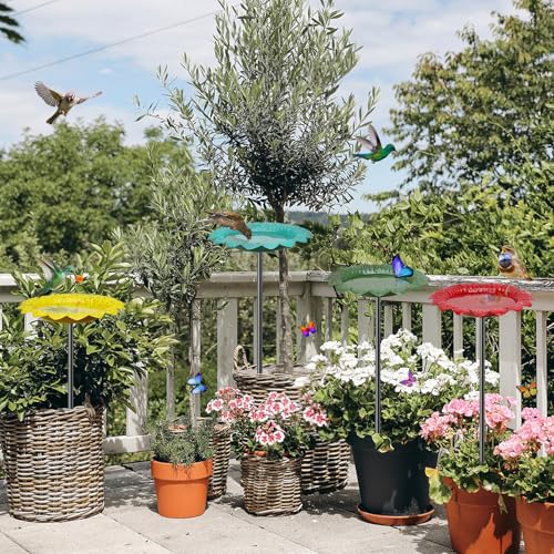 4 PCS Metal Bird Baths for Outdoors, Small Garden Bird Bath with Metal Stake, Hummingbird Feeder for Yard Lawn Decoration (4P-Red Yellow Blue Green) - color: 4P-Red Yellow Blue Green