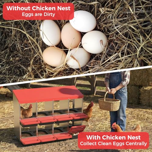 Garvee 8-Hole Chicken Nesting Box with Removable Lid, Metal Chicken Coop with Roll Away Design/Easy Egg Collection/Ventilation Holes, for Chicken Coops, Duck Coops and Hens (RED) - color: RED, size: 8-Hole