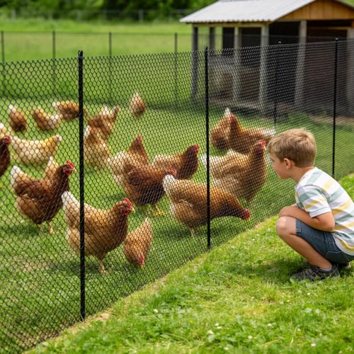 Plastic Chicken Wire Mesh Fence with Metal Stakes, 39.4in x 82ft Quick-Install Chicken Wire Fencing- Plant Protectors from Animals - Weather Resistant Garden Netting - Pet & Poultry Netting