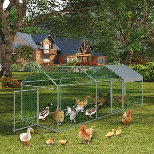 Garvee Metal Chicken Coop, Chicken Runs for Yard with Waterproof and Anti-UV Cover, 3 Door Portable Chicken Coop for Outdoor, Rabbit, Duck, Silver, 120"×40"×40"