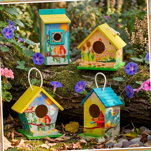 Liliful 4 Pack Birdhouse Crafts for Kids, Wooden Creative DIY Bird House Kits Arts and Crafts Set for Kids and Adults, Spring Birthday Gifts for Toddlers Ages (Playful Style) - color: red, yellow, blue, green, white, black