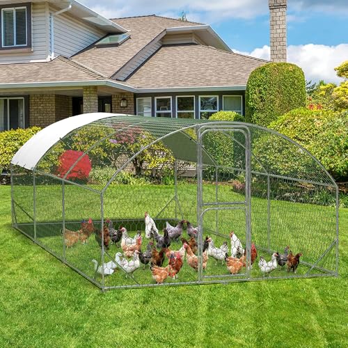 Large Walk-in Metal Chicken Coop for 30 Chickens,Heavy Duty Reinforced Wire Mesh Run with All-Weather Waterproof & Anti-UV Cover,Secure Lock - Outdoor Poultry Pen for Chickens,Ducks (Dome Roof) - size: large Dome Roof Bottom Reinforcement