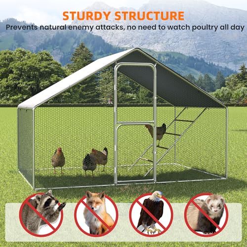 UDPATIO Large Metal Chicken Coop Walk in, Outdoor Heavy Duty Chickens Pen Run w/Cover for 10-15 Chickens - Predator Proof Poultry House | Double Feed Door UV-Resistant Cover Galvanized Outdoor Cage for Bird Duck Rabbit Hen 6-10 Silvery-metal 1PCS - size: