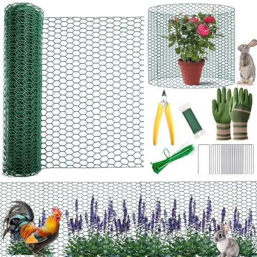 All-in-One 200 Inch Plant Protectors from Animals Kit - 0.85mm Heavy Duty Chicken Wire Cloche,Free-Cut Wire Mesh Roll Includes Pliers, Gloves, Ties, Stakes for Custom Outdoor Cages (16 * 200 Inch) - size: 16*200 Inch