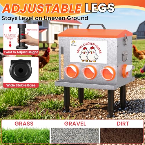 10-Gal Metal Automatic Chicken Feeder with No-Waste Feeding Tray | 55LB Capacity, 8 Feeding Ports, Rust-Proof Alloy Steel, Clear Viewing Window, Height-Adjustable Legs for Chicken Coops - color: Orange, size: 10GAL-55LB