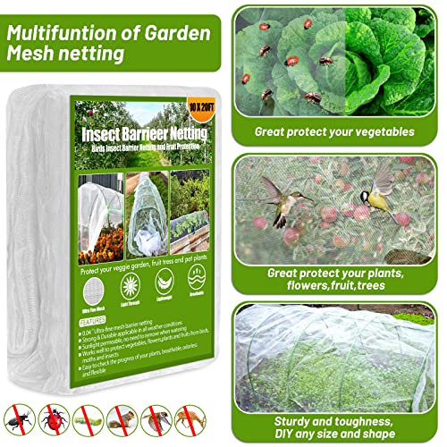 67pcs Garden Mesh Netting Kit, 6 Sets Wide Garden Hoops with Garden Covers | 10x20 ft Bird Netting & 12 Clips, Garden Protection for Raised Beds, Greenhouse, Vegetable Plants, Flowers, Animals - color: White+green