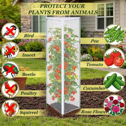 3PCS Garden Bird Netting for Triangle Tomato Cage with Zipper & Drawstring | 55" x 17.7" Inch Reusable Fine Mesh Plant Covers for Tomatoes, Fruits and Climbing Vines - size: 17.7x17.7x55in