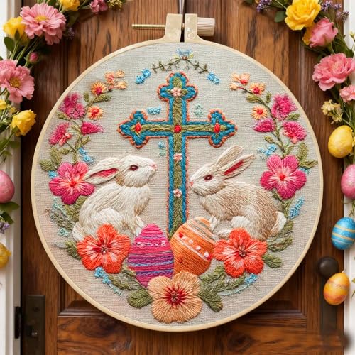 FONNUY Easter Rabbit Floral Cross Embroidery Kit, Easter Egg Happy Rabbits Bunny Stamped Pattern Kits for Audlt Beginners, Hand Works Crafts, 8 x 8'' (Happy Bunny 01) - color: Happy Bunny 01