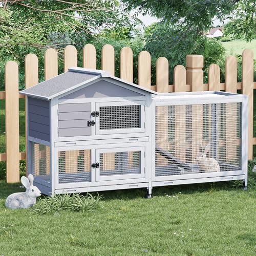 2-Story Wooden Rabbit Hutch & Chicken Coop with Wheels, Indoor/Outdoor Bunny Cage with Waterproof Roof, Removable Cleaning Tray & Access Ramp for Chicken, Rabbit - size: 63.2 inch