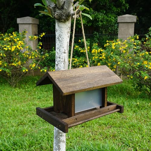 Hanging Wooden Bird Feeder Outdoor Large Capacity Wood Birdfeeder with Surface Treatment for Feeding Outside Garden Wild Birds Finches Robin Sparrow Blue Jay Chickadees - color: Dark Wood Color