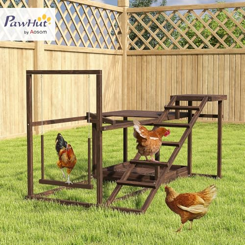 PawHut Wooden Chicken Coop Perches with Swing, Roosting Bars, Activity Play Set, Chicken Coop Accessory Toys for Coop, Coffee | Activity Play Set, Accessory Toys, Chicken Playground