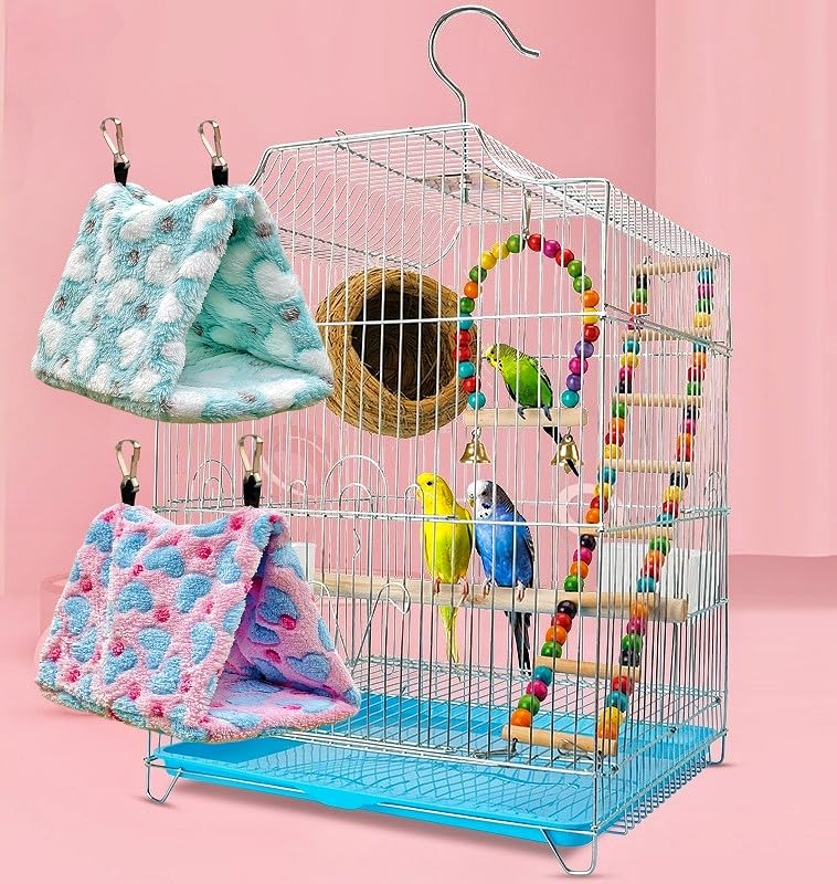 2 Pack Warm Bird Nest Plush Snuggle Bird Hammock Hanging Bird Cave Parrot Sleeping Bed Shed Hut Hanging Tent for Budgies Finch Parakeet Cockatiel Cockatoo Lovebird-Loving Heart (Pink&Green) - color: Pink&Green(Loving Heart )