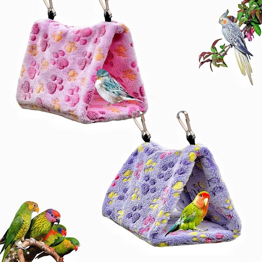 2 Pack Bird Nest Plush Snuggle Bird Hammock Hanging Bird Cave Parrot Sleeping Bed Shed Hut Hanging Tent for Budgies Finch Parakeet Cockatiel Cockatoo Lovebird-Foot Pattern (Pink&Purple) - color: Pink&Purple(Foot Print)