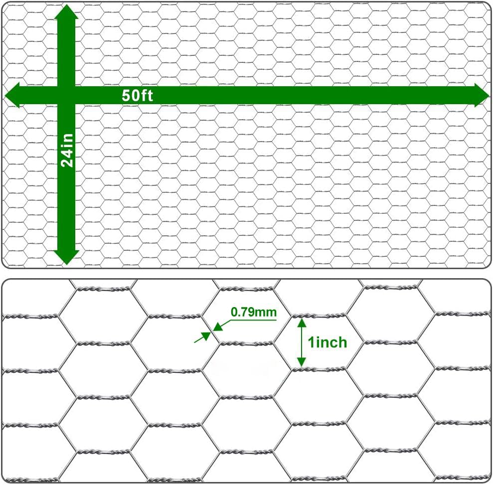 Amagabeli Chicken Wire 24 in x 50ft Poultry Wire Netting Hexagonal Galvanized Mesh Garden Fence Barrier for Craft Projects, Pet Rabbit Chicken Fencing - size: 1" 24"x50'