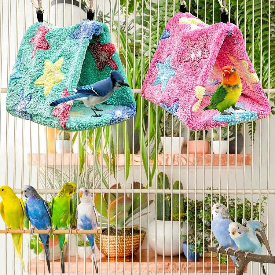 2 Pack Warm Bird Nest Plush Snuggle Bird Hammock Hanging Bird Cave Parrot Sleeping Bed Shed Hut Hanging Tent for Budgies Finch Parakeet Cockatiel Cockatoo Lovebird-Star Pattern (Pink&Green) - color: Pink&Green(Star)