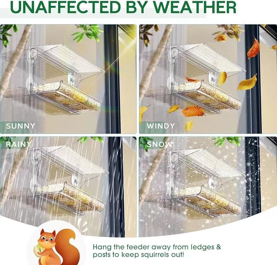 Window Bird Feeder for Outdoors with Large Feeding Trays, Clear Window Mounted Bird House with Strong Suction Cups, Weatherproof Watching Station for Garden