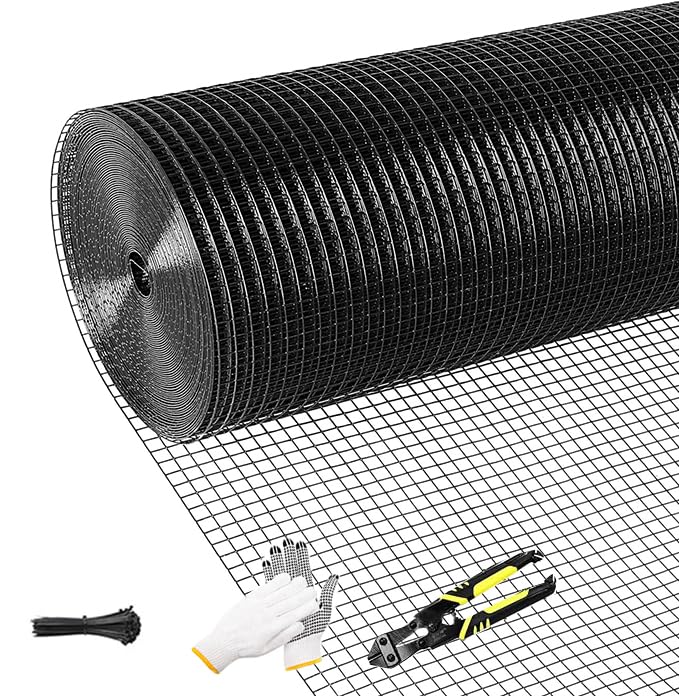 Tongmo Black Hardware Cloth, 1/2 inch 48'' x 100'Chicken Wire Fence, 19 Gauge Vinyl Coated Welded Cage Wire Mesh Roll Supports Poultry Netting Cage Garden Fence