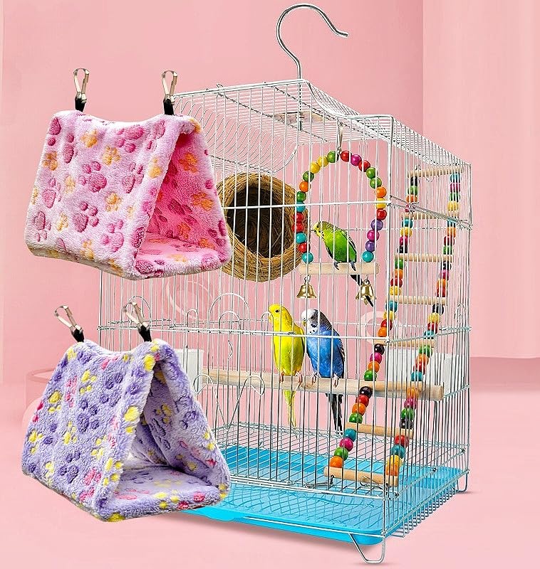 2 Pack Bird Nest Plush Snuggle Bird Hammock Hanging Bird Cave Parrot Sleeping Bed Shed Hut Hanging Tent for Budgies Finch Parakeet Cockatiel Cockatoo Lovebird-Foot Pattern (Pink&Purple) - color: Pink&Purple(Foot Print)