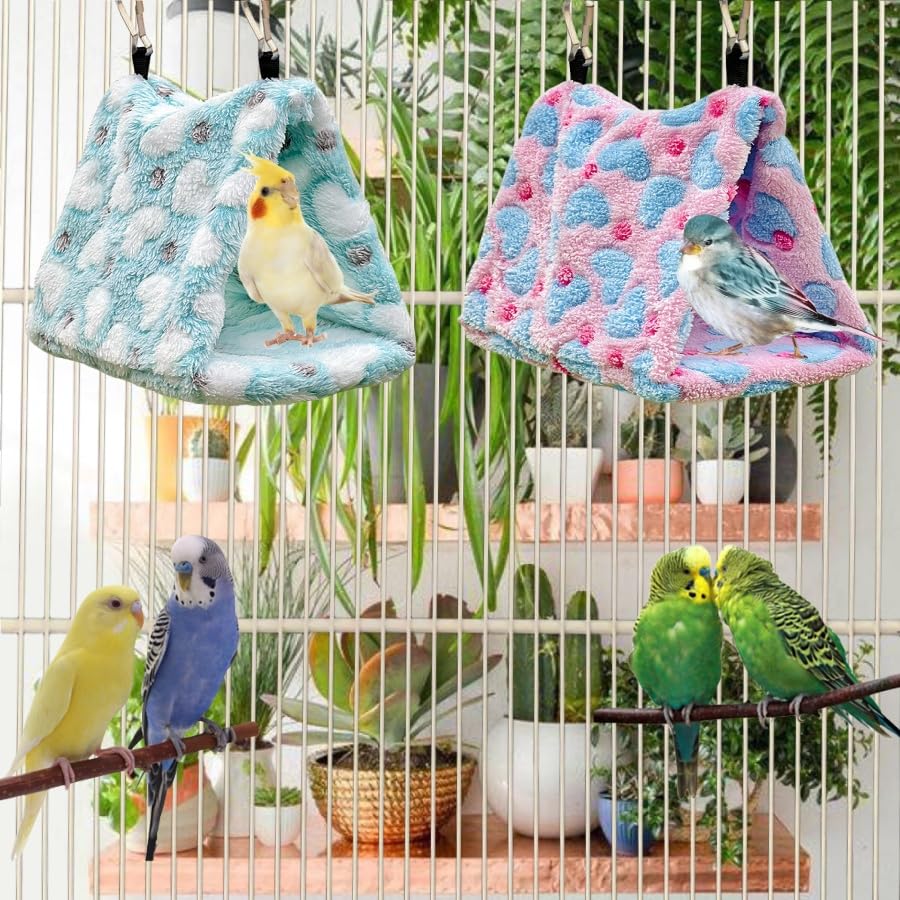 2 Pack Warm Bird Nest Plush Snuggle Bird Hammock Hanging Bird Cave Parrot Sleeping Bed Shed Hut Hanging Tent for Budgies Finch Parakeet Cockatiel Cockatoo Lovebird-Loving Heart (Pink&Green) - color: Pink&Green(Loving Heart )