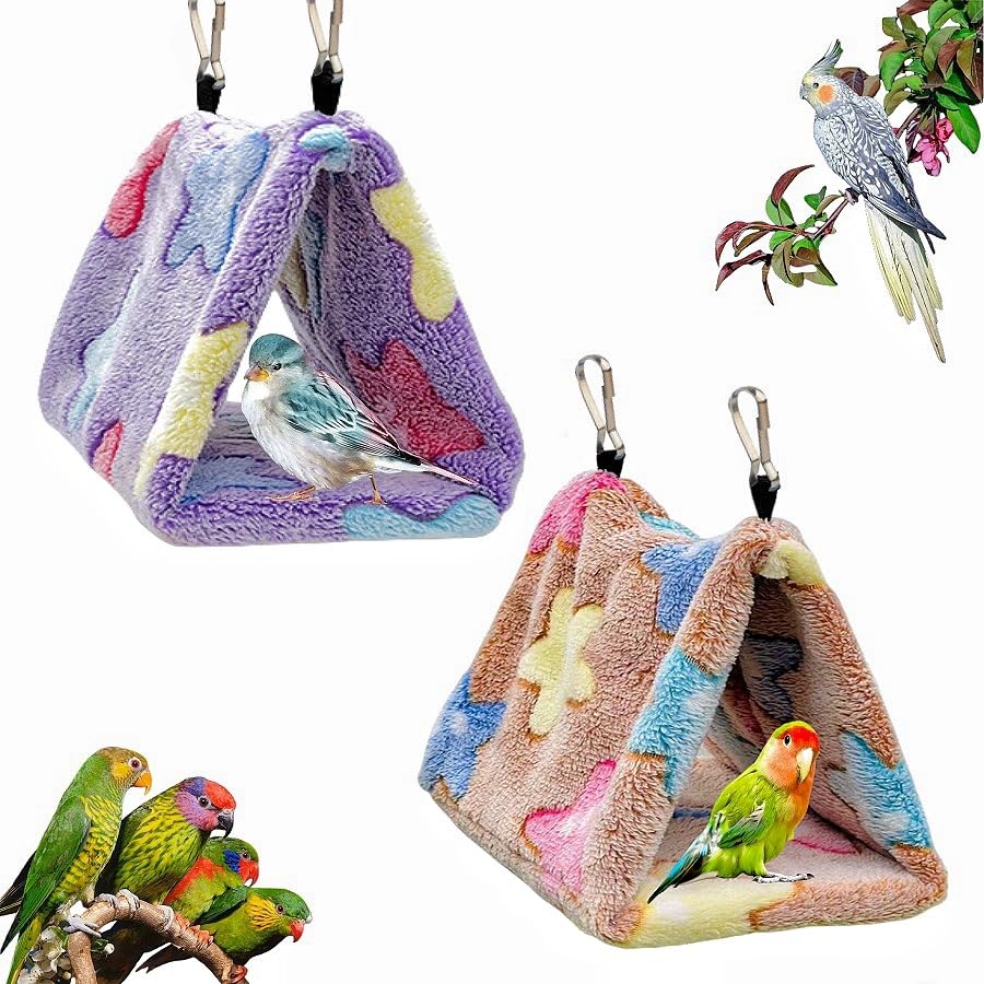2 Pack Bird Nest Plush Snuggle Bird Hammock Hanging Bird Cave Parrot Sleeping Bed Shed Hut Hanging Tent for Budgies Finch Parakeet Cockatiel Cockatoo Lovebird-Star Pattern (Brown&Purple) - color: Brown&Purple(Star)