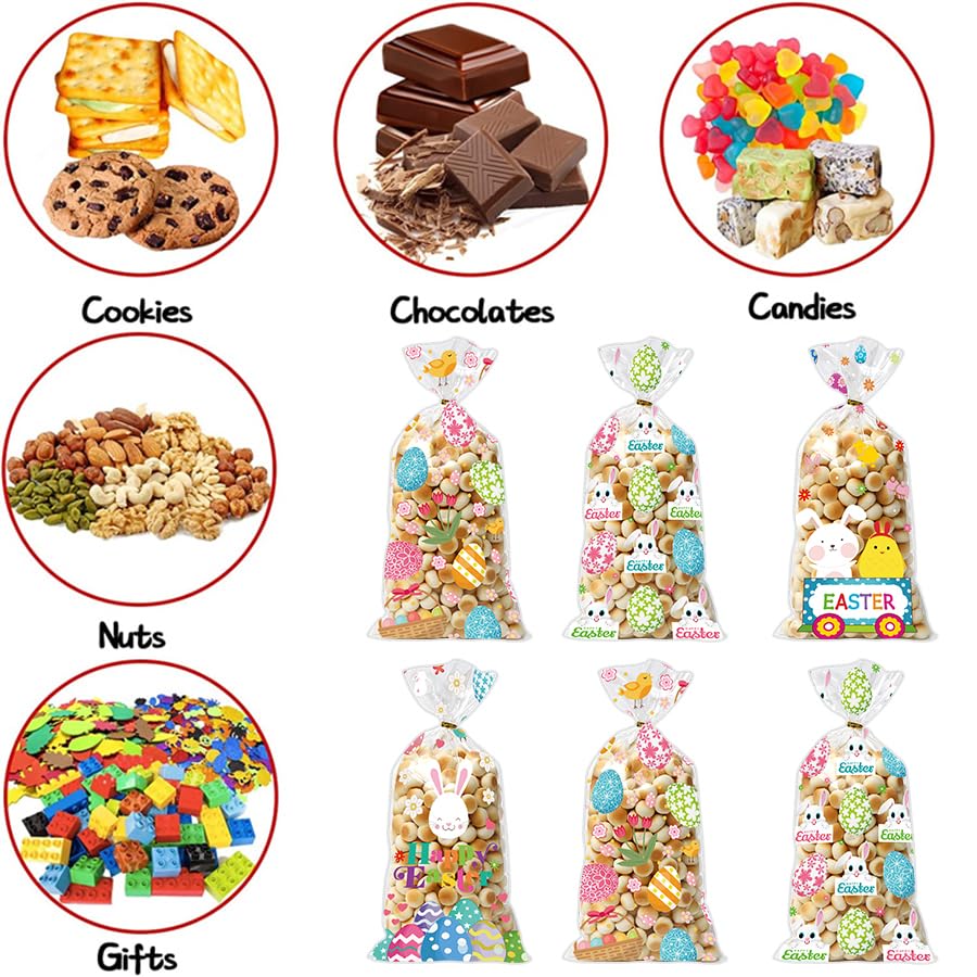 GOMANCHE Easter Cellophane Candy Bags, 100 Pieces Easter Treat Bags with Gold Twist Ties, Easter Cello Goodie Cooikes Gift Bags for Easter Party Favor Supplies