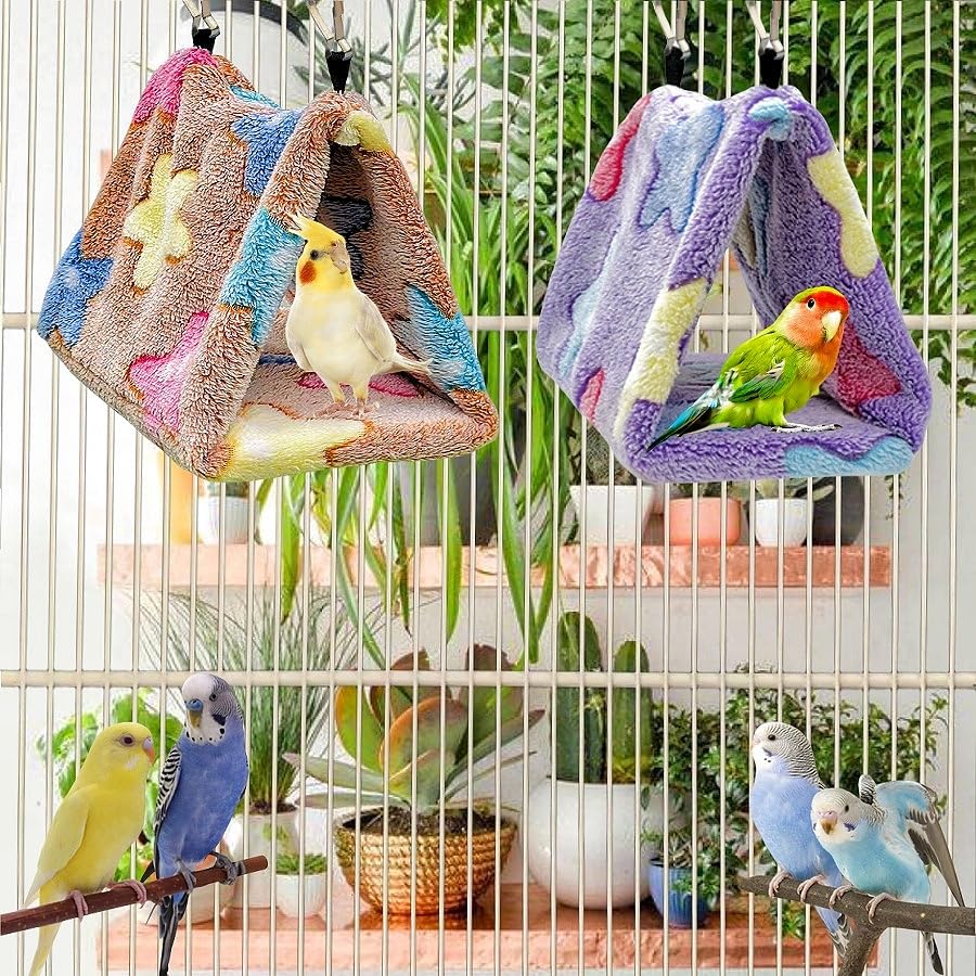 2 Pack Bird Nest Plush Snuggle Bird Hammock Hanging Bird Cave Parrot Sleeping Bed Shed Hut Hanging Tent for Budgies Finch Parakeet Cockatiel Cockatoo Lovebird-Star Pattern (Brown&Purple) - color: Brown&Purple(Star)