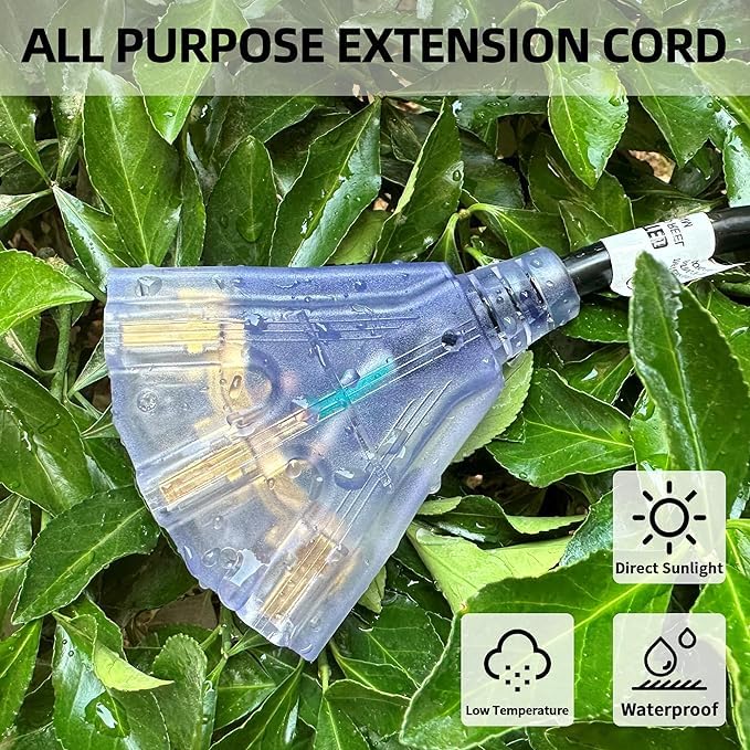YOJOE 3-Outlets Indoor Outdoor Extension Cord with Lighted End, 3 Prong 13A Weatherproof Power Cord, 16 Gauge Heavy Duty 8 ft Black Extension Cord Multiple Outlets, 16/3 SJTW UL Certified - color: Black, size: 8 Foot, style: Lighted End