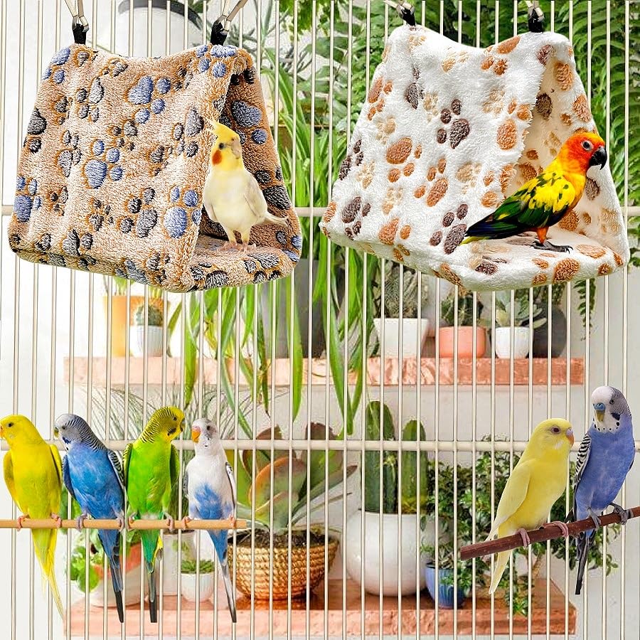 2 Pack Bird Nest Plush Snuggle Bird Hammock Hanging Bird Cave Parrot Sleeping Bed Shed Hut Hanging Tent for Budgies Finch Parakeet Cockatiel Cockatoo Lovebird-Foot Pattern (Brown&White) - color: Brown&White(Foot Print)