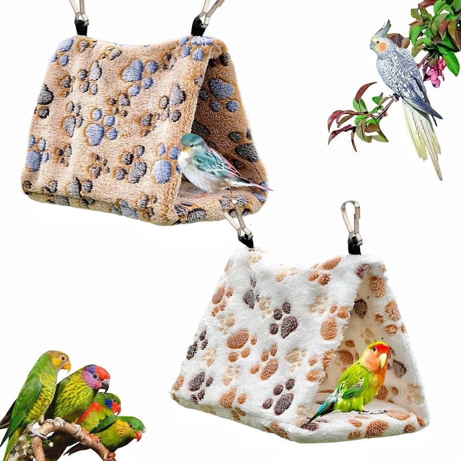 2 Pack Bird Nest Plush Snuggle Bird Hammock Hanging Bird Cave Parrot Sleeping Bed Shed Hut Hanging Tent for Budgies Finch Parakeet Cockatiel Cockatoo Lovebird-Foot Pattern (Brown&White) - color: Brown&White(Foot Print)