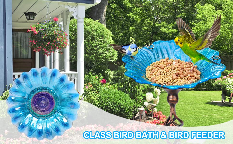 Homight Solar Glass Blue Bird Bath, Yard Art，Garden Outdoor Birdbath with Metal Stake with White LED Light Metal Stake Garden Decor Gift - color: Blue