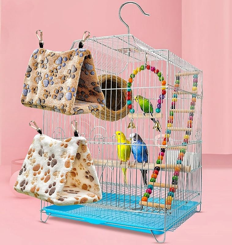 2 Pack Bird Nest Plush Snuggle Bird Hammock Hanging Bird Cave Parrot Sleeping Bed Shed Hut Hanging Tent for Budgies Finch Parakeet Cockatiel Cockatoo Lovebird-Foot Pattern (Brown&White) - color: Brown&White(Foot Print)