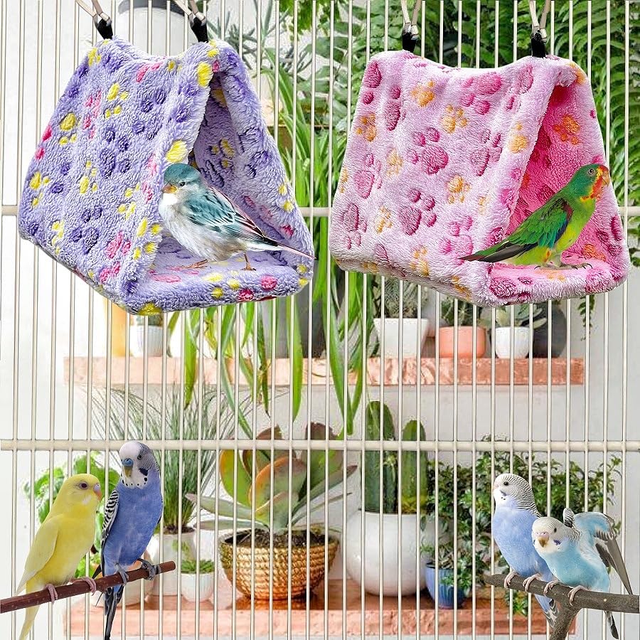 2 Pack Bird Nest Plush Snuggle Bird Hammock Hanging Bird Cave Parrot Sleeping Bed Shed Hut Hanging Tent for Budgies Finch Parakeet Cockatiel Cockatoo Lovebird-Foot Pattern (Pink&Purple) - color: Pink&Purple(Foot Print)