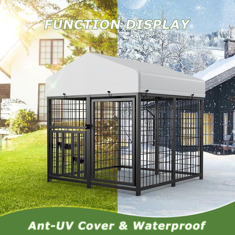 ROOMTEC Large Dog Kennel Outdoor Pet Pens Dogs Run Enclosure Animal Hutch Metal Coop Fence with Roof Cover (4'L x 4'W x 4.25'H) - size: 48.0"L x 47.0"W x 51.0"H