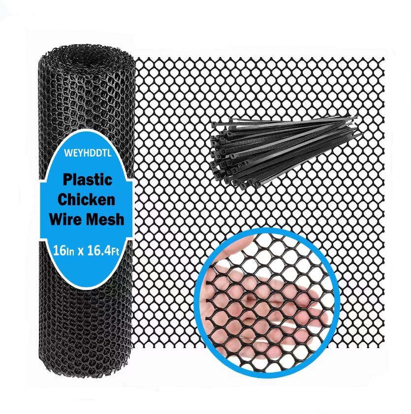 Plastic Chicken Wire Mesh - 16in x 16.4 ft Black,Comes with 30 Twist Ties, Plastic Wire Mesh Fence for Dogs, Cats & Poultry - Garden Netting & Animal Barrier, Balcony Netting for Pets - WEYHDDTL - size: 16Inchx16.4Ft(0.3"Opening)