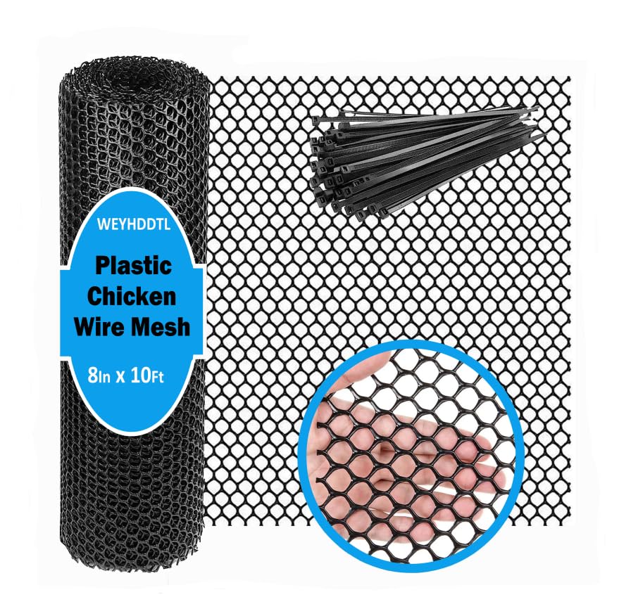 Plastic Chicken Wire Mesh - 8 in x 10 ft Black,Comes with 30 Twist Ties, Plastic Wire Mesh Fence for Dogs, Cats & Poultry - Garden Netting & Animal Barrier, Balcony Netting for Pets - WEYHDDTL - size: 8Inchx10Ft(0.3"Opening)