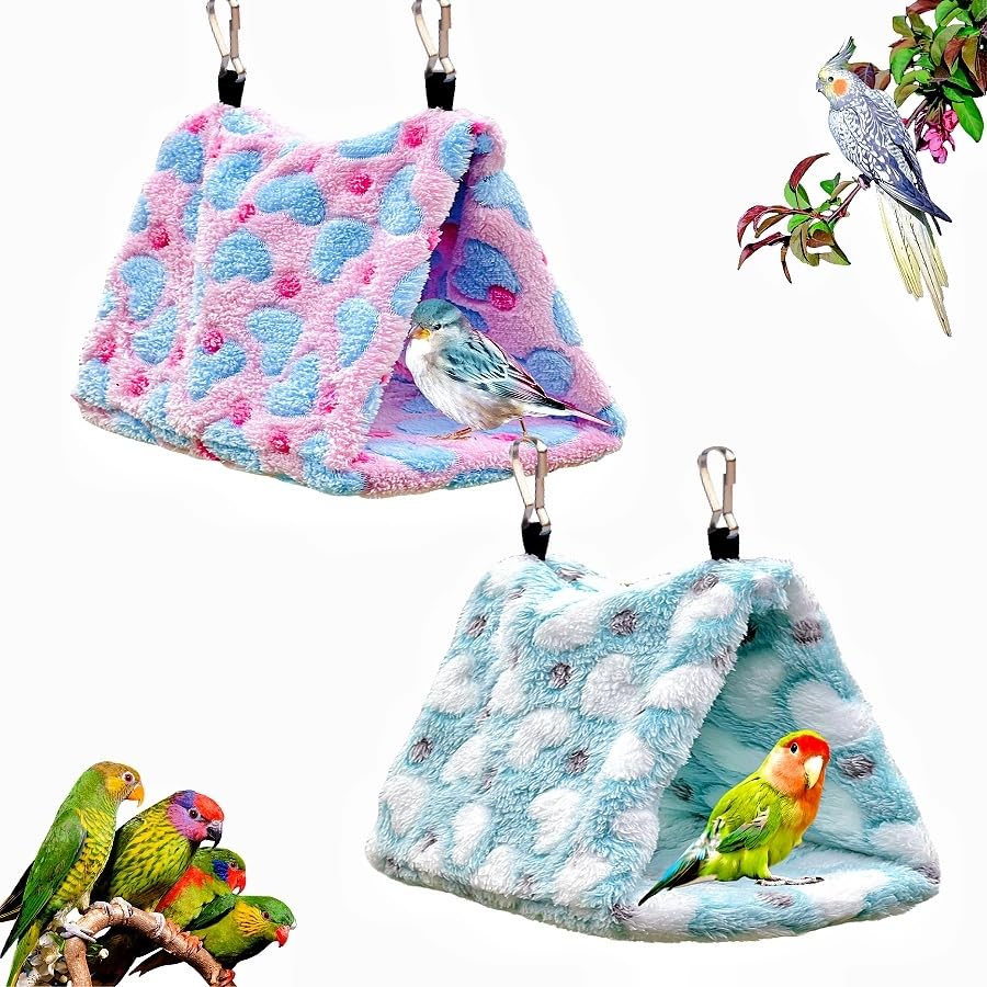 2 Pack Warm Bird Nest Plush Snuggle Bird Hammock Hanging Bird Cave Parrot Sleeping Bed Shed Hut Hanging Tent for Budgies Finch Parakeet Cockatiel Cockatoo Lovebird-Loving Heart (Pink&Green) - color: Pink&Green(Loving Heart )