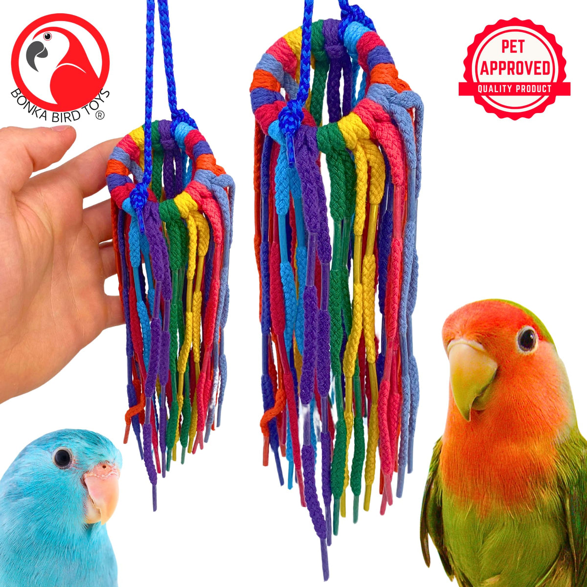 Bonka Bird Toys 51214 Small Aglet Heaven Cotton Shoelace Toy with Plastic Aglets and 2" Ring for Parakeets Cockatiels Quakers Pionus Small Bird Enrichment - size: Small